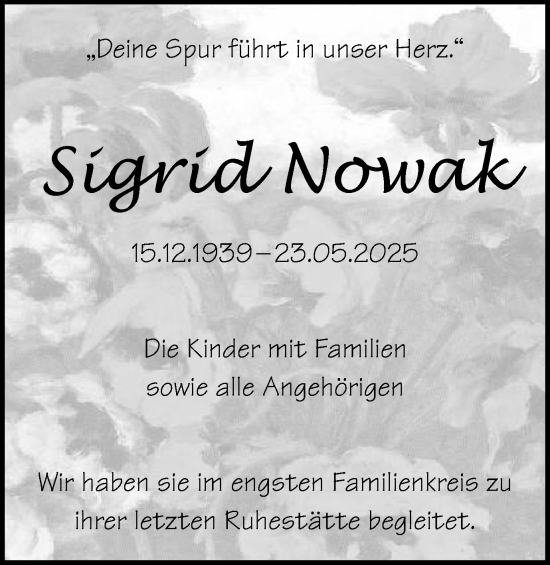 Traueranzeige von Sigrid Nowak von Schwäbische Post