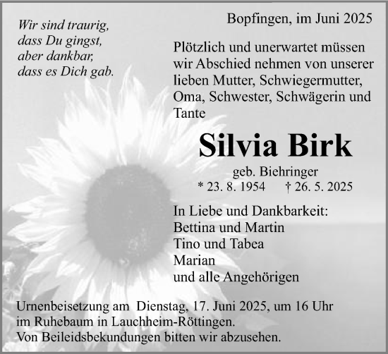 Traueranzeige von Silvia Birk von Schwäbische Post