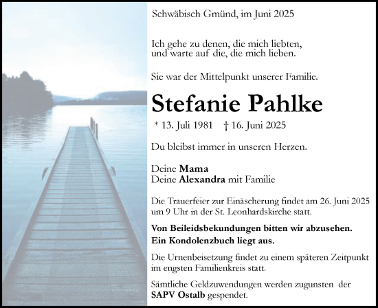 Traueranzeige von Stefanie Pahlke von Gmünder Tagespost
