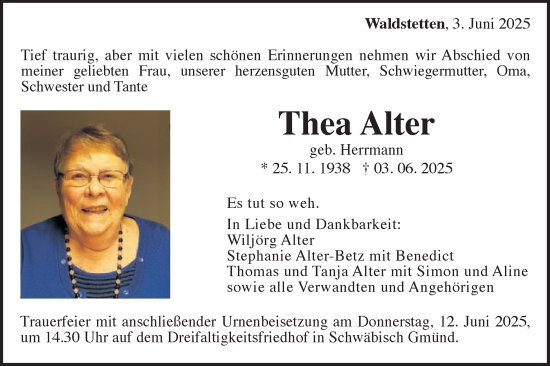 Traueranzeige von Thea Alter von Gmünder Tagespost