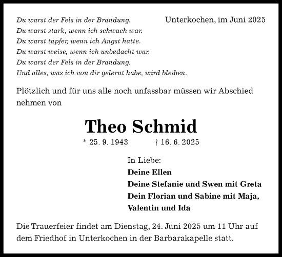 Traueranzeige von Theo Schmid von Schwäbische Post