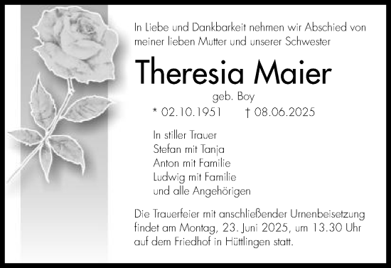 Traueranzeige von Theresia Maier von Schwäbische Post
