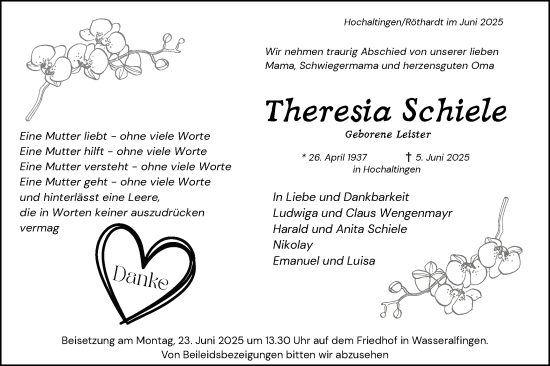 Traueranzeige von Theresia Schiele von Schwäbische Post