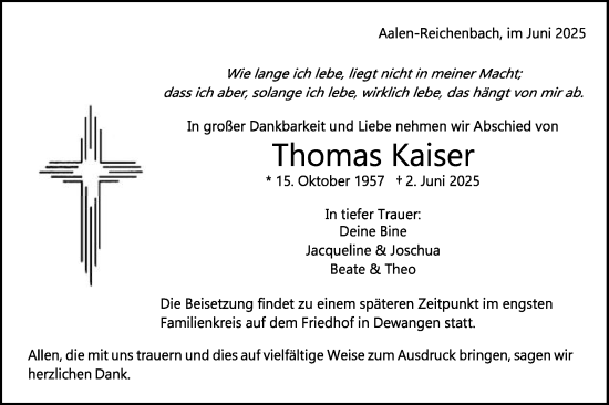 Traueranzeige von Thomas Kaiser von Schwäbische Post