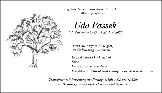 Traueranzeige von Udo Passek von Schwäbische Post