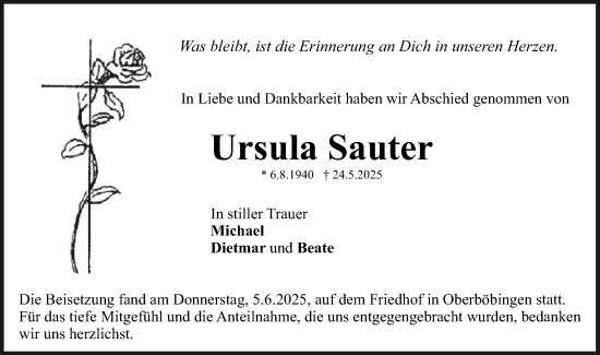 Traueranzeige von Ursula Sauter von Gmünder Tagespost