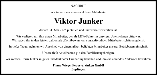 Traueranzeige von Viktor Junker von Schwäbische Post