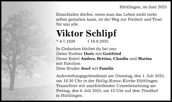 Traueranzeige von Viktor Schlipf von Schwäbische Post