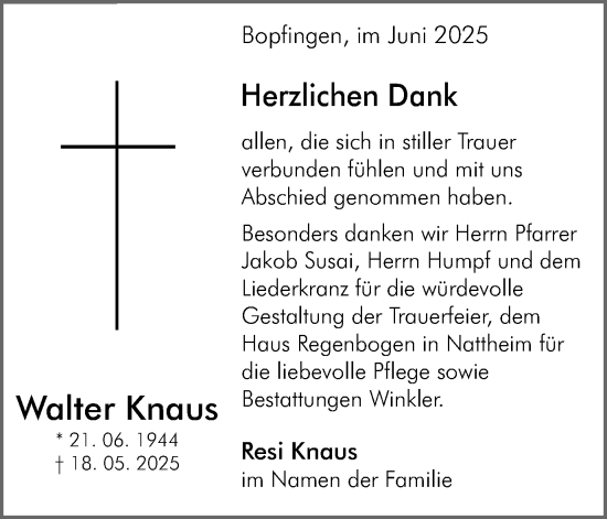 Traueranzeige von Walter Knaus von Schwäbische Post