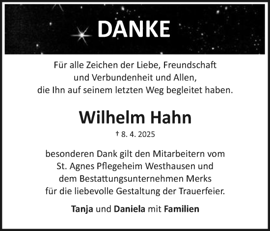 Traueranzeige von Wilhelm Hahn von Schwäbische Post