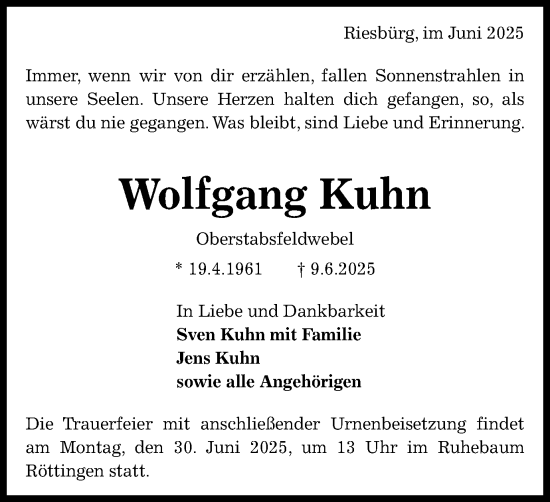 Traueranzeige von Wolfgang Kuhn von Schwäbische Post