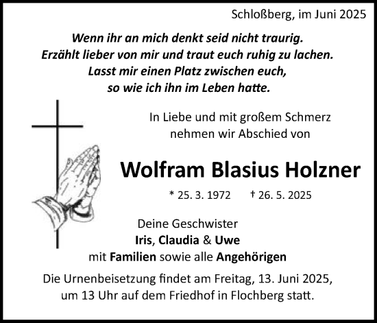 Traueranzeige von Wolfram Blasius Holzner von Schwäbische Post