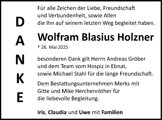 Traueranzeige von Wolfram Holzner von Schwäbische Post