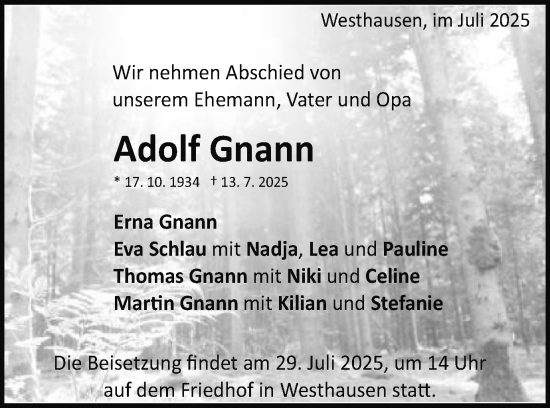 Traueranzeige von Adolf Gnann von Schwäbische Post