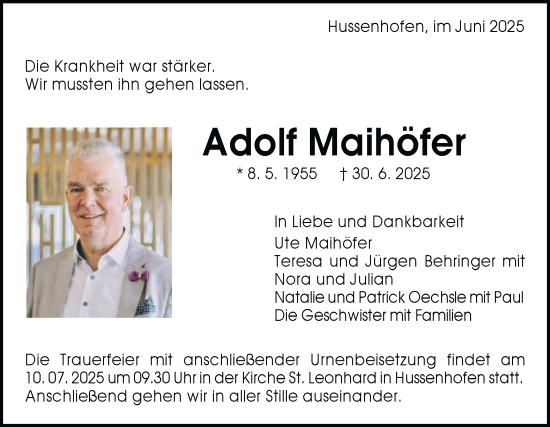 Traueranzeige von Adolf Maihöfer von Gmünder Tagespost