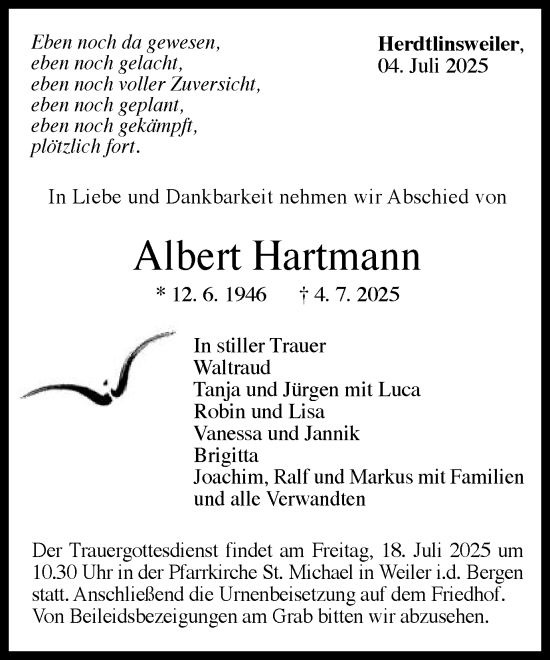 Traueranzeige von Albert Hartmann von Gmünder Tagespost