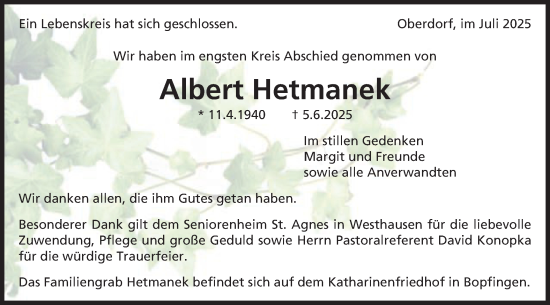 Traueranzeige von Albert Hetmanek von Schwäbische Post