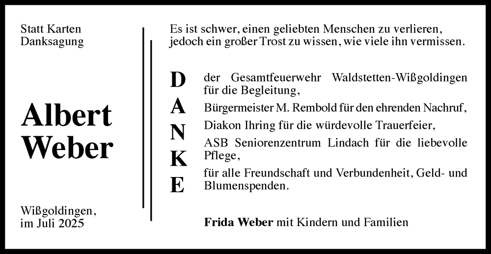  Traueranzeige für Albert Weber vom 26.07.2025 aus Gmünder Tagespost