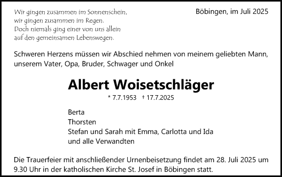 Traueranzeige von Albert Woisetschläger von Gmünder Tagespost