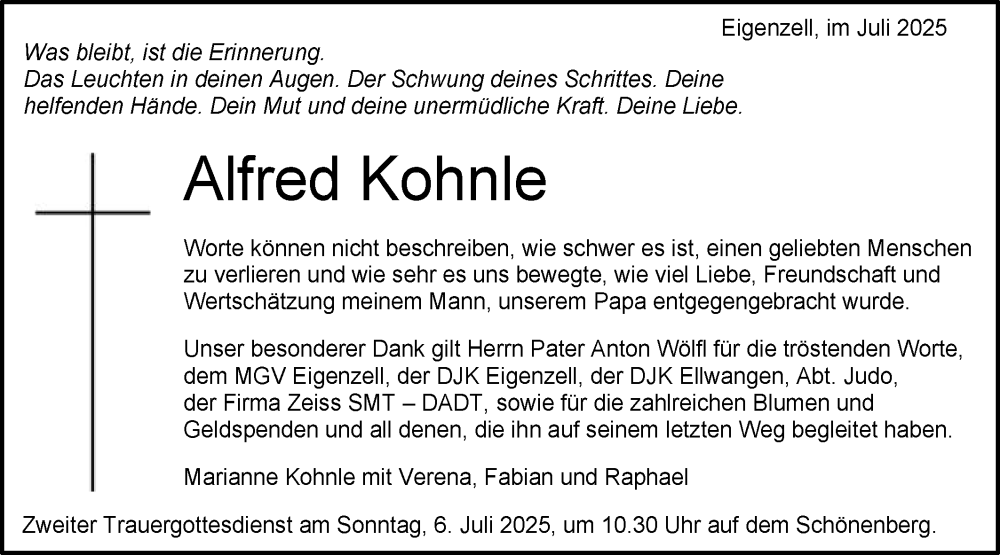  Traueranzeige für Alfred Kohnle vom 05.07.2025 aus Schwäbische Post