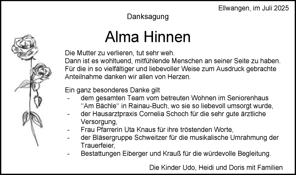 Traueranzeige für Alma Hinnen vom 18.07.2025 aus Schwäbische Post