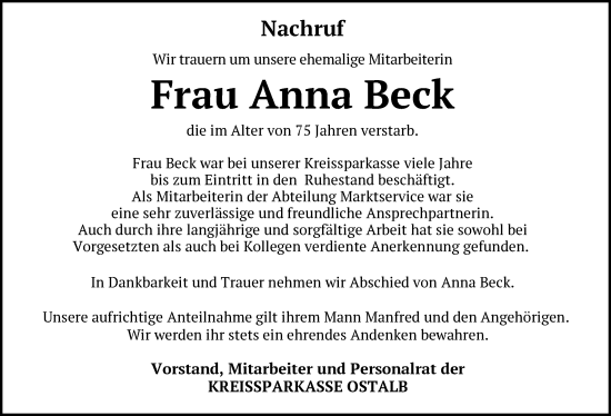 Traueranzeige von Anna Beck von Schwäbische Post