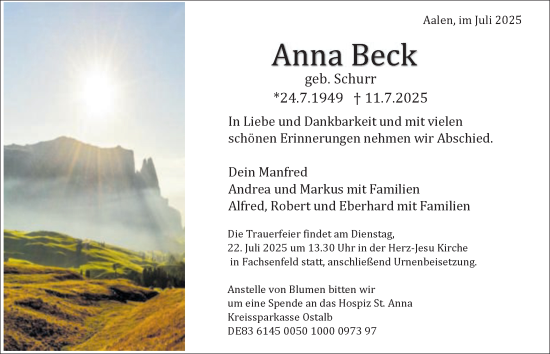 Traueranzeige von Anna Beck von Schwäbische Post