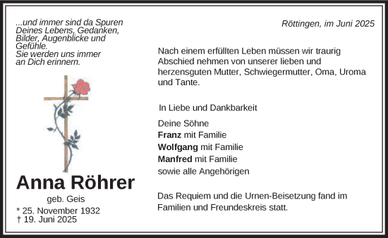 Traueranzeige von Anna Röhrer von Schwäbische Post