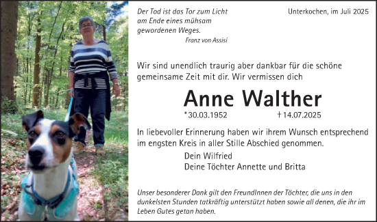 Traueranzeige von Anne Walther von Schwäbische Post