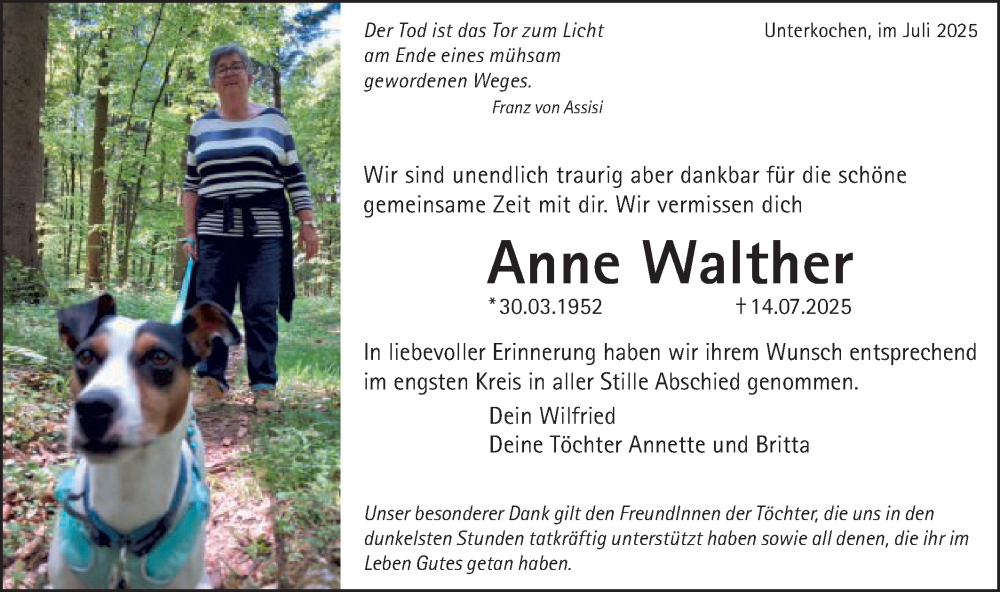  Traueranzeige für Anne Walther vom 30.07.2025 aus Schwäbische Post