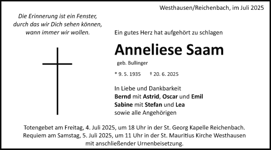 Traueranzeige von Anneliese Saam von Schwäbische Post