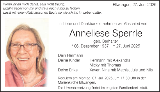 Traueranzeige von Anneliese Sperrle von Schwäbische Post
