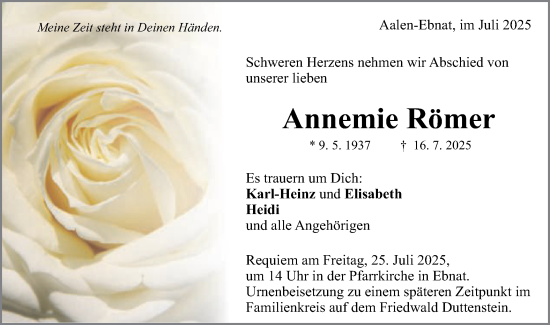 Traueranzeige von Annemie Römer von Schwäbische Post