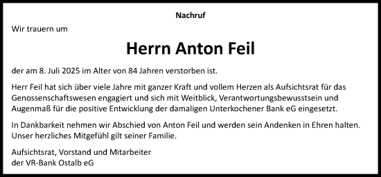 Traueranzeige von Anton Feil von Schwäbische Post