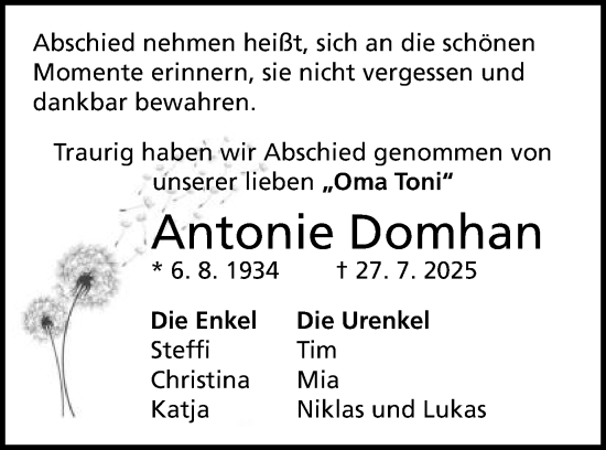 Traueranzeige von Antonie Domhan von Schwäbische Post