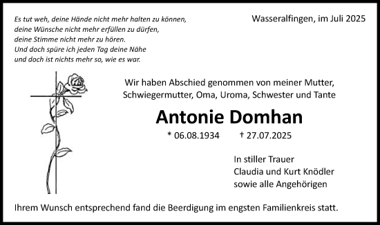 Traueranzeige von Antonie Domhan von Schwäbische Post