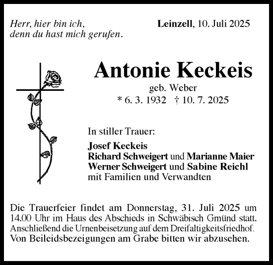 Traueranzeige von Antonie Keckeis von Gmünder Tagespost