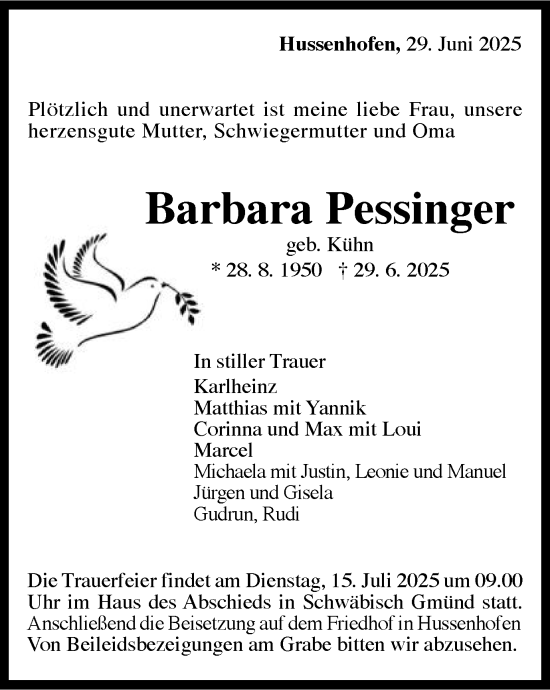 Traueranzeige von Barbara Pessinger von Gmünder Tagespost