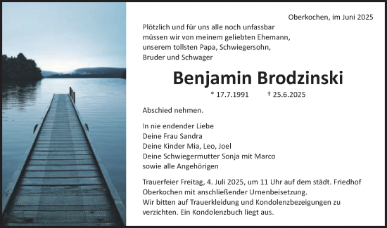Traueranzeige von Benjamin Brodzinski von Schwäbische Post