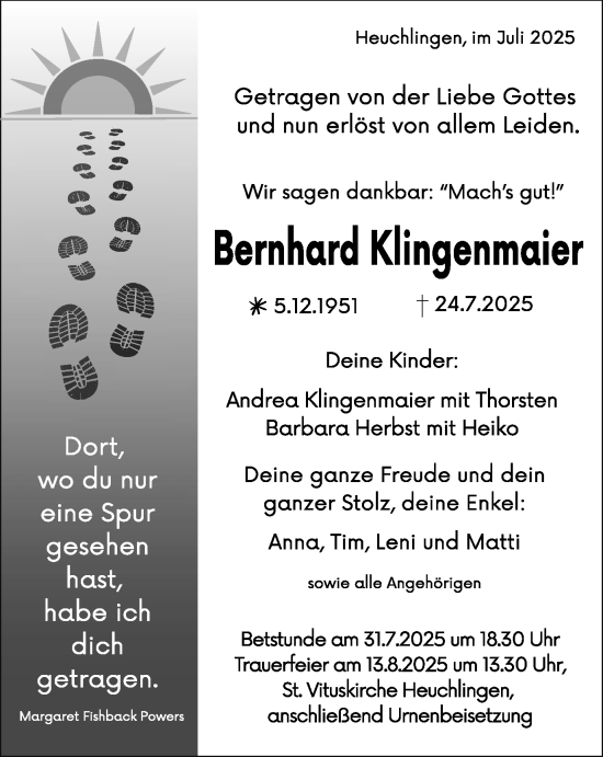 Traueranzeige von Bernhard Klingenmaier von Gmünder Tagespost