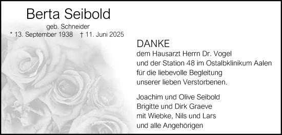 Traueranzeige von Berta Seibold von Schwäbische Post