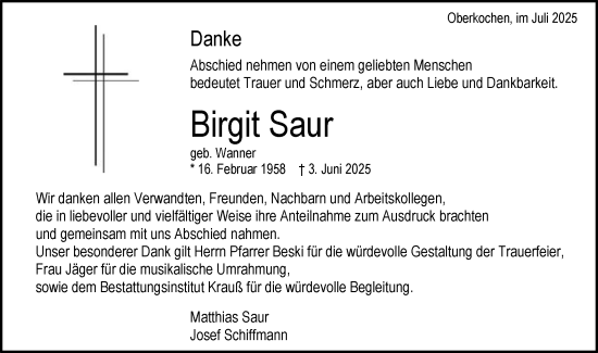 Traueranzeige von Birgit Saur von Schwäbische Post