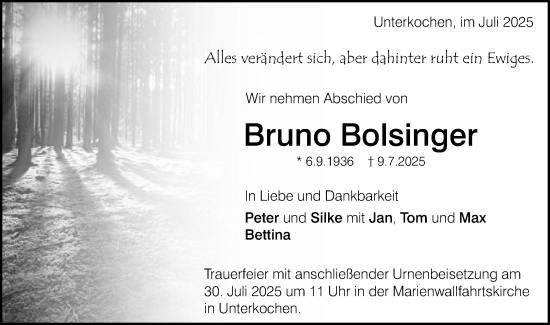 Traueranzeige von Bruno Bolsinger von Schwäbische Post