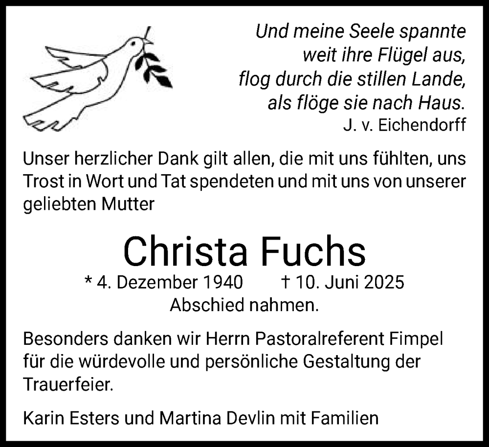  Traueranzeige für Christa Fuchs vom 08.07.2025 aus Schwäbische Post