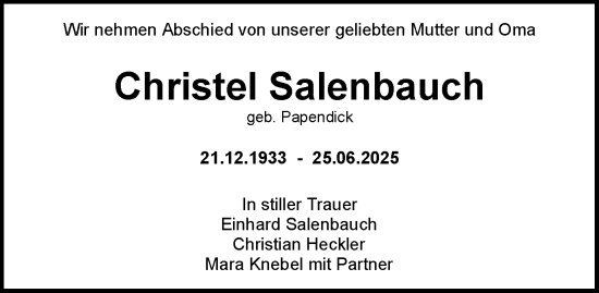 Traueranzeige von Christel Salenbauch von Gmünder Tagespost