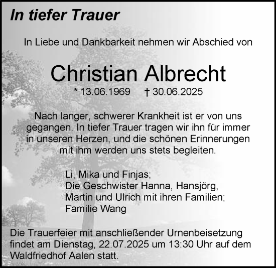 Traueranzeige von Christian Albrecht von Schwäbische Post