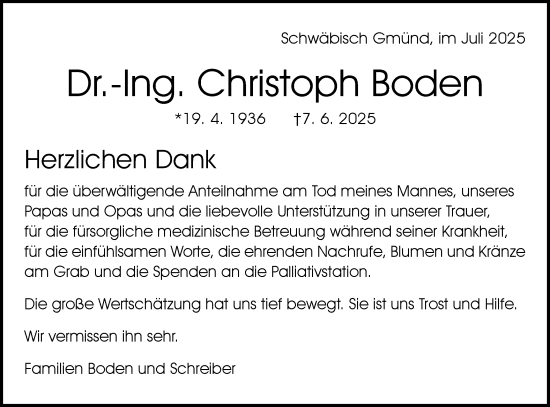 Traueranzeige von Christoph Boden von Gmünder Tagespost