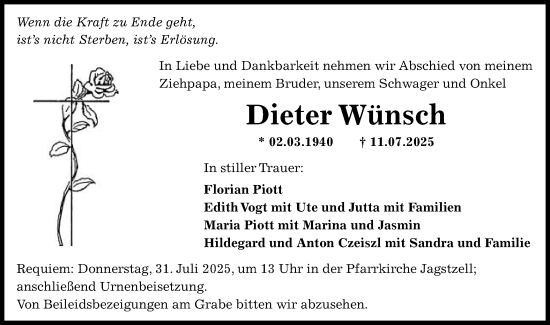 Traueranzeige von Dieter Wünsch von Schwäbische Post