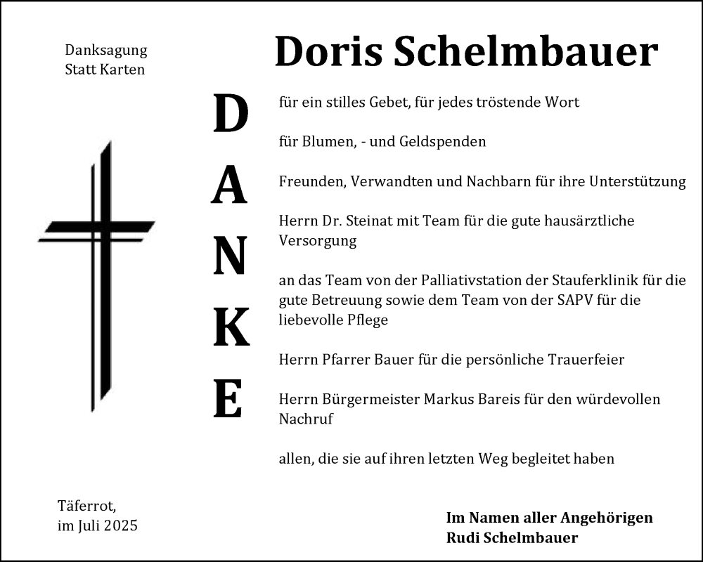  Traueranzeige für Doris Schelmbauer vom 19.07.2025 aus Gmünder Tagespost
