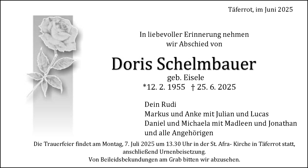  Traueranzeige für Doris Schelmbauer vom 02.07.2025 aus Gmünder Tagespost
